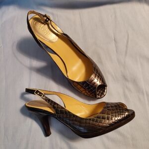 Cole Haan NikeAir Gun Metal Croc Texture Leather Slingback Heels, 8.5